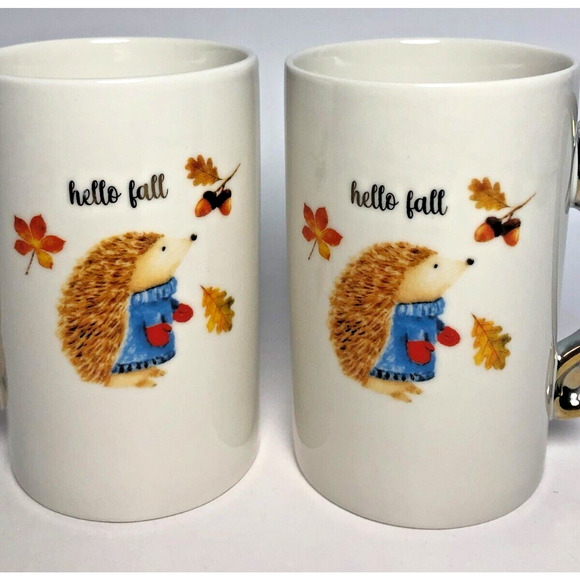 2 Harvest Green Studio Hedgehog Hello Fall Coffee Mugs Cups Gold Handles Cute - Picture 2 of 6